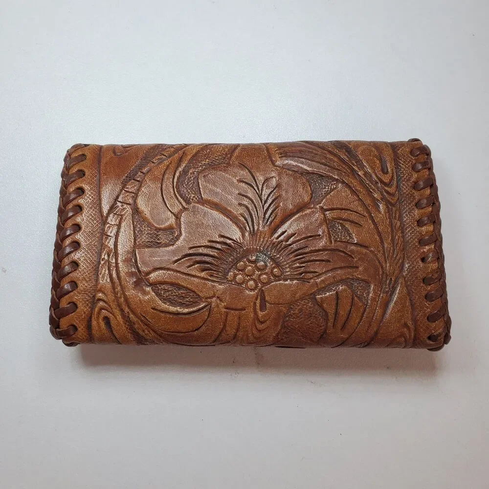 vintage tooled leather key rings case card holder stitched poppy flower detail